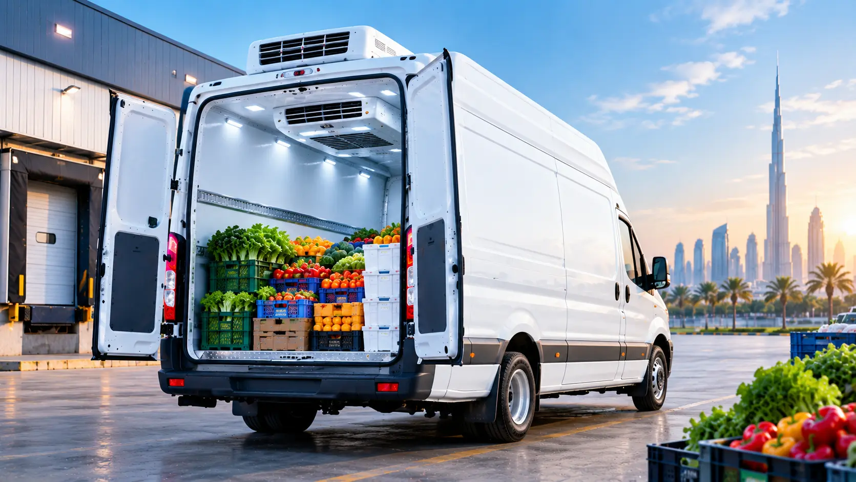 Chiller van parked for refrigerated transport, ready for rental in Abu Dhabi.